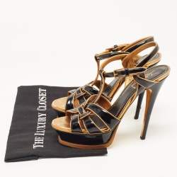 Pre Owned Yves Saint Laurent Gold/Black Patent Tribute Ankle Strap Sandals Size 37.5