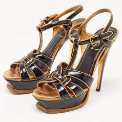 Pre Owned Yves Saint Laurent Gold/Black Patent Tribute Ankle Strap Sandals Size 37.5