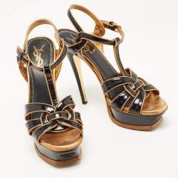 Pre Owned Yves Saint Laurent Gold/Black Patent Tribute Ankle Strap Sandals Size 37.5