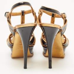 Pre Owned Yves Saint Laurent Gold/Black Patent Tribute Ankle Strap Sandals Size 37.5
