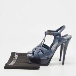 Pre Owned Yves Saint Laurent Navy Blue Leather Tribute Platform Ankle Strap Sandals Size 36