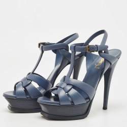 Pre Owned Yves Saint Laurent Navy Blue Leather Tribute Platform Ankle Strap Sandals Size 36