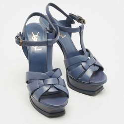 Pre Owned Yves Saint Laurent Navy Blue Leather Tribute Platform Ankle Strap Sandals Size 36