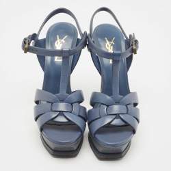 Pre Owned Yves Saint Laurent Navy Blue Leather Tribute Platform Ankle Strap Sandals Size 36