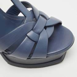 Pre Owned Yves Saint Laurent Navy Blue Leather Tribute Platform Ankle Strap Sandals Size 36
