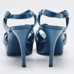 Pre Owned Yves Saint Laurent Blue Patent Leather Tribute Sandals Size 38
