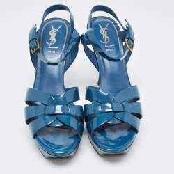 Pre Owned Yves Saint Laurent Blue Patent Leather Tribute Sandals Size 38