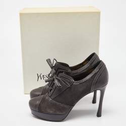 Pre Owned Yves Saint Laurent Grey Suede and Leather Janis Booties Size 38.5
