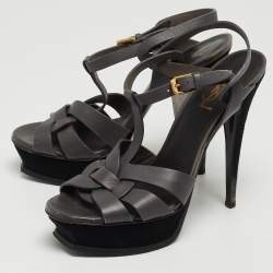 Pre Owned Yves Saint Laurent Grey Leather and Suede Tribute Sandals Size 38.5