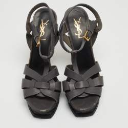 Pre Owned Yves Saint Laurent Grey Leather and Suede Tribute Sandals Size 38.5