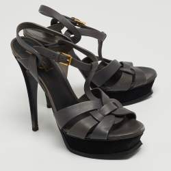 Pre Owned Yves Saint Laurent Grey Leather and Suede Tribute Sandals Size 38.5
