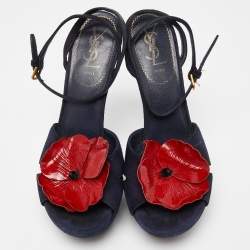 Pre Owned Yves Saint Laurent Navy Blue Suede Flower Embellished Ankle Strap Sandals Size 39