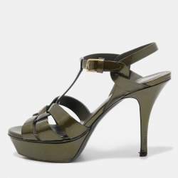 Yves Saint Laurent Black Patent Tribute Ankle Strap Sandals Size