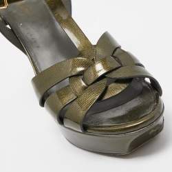 Pre Owned Yves Saint Laurent Olive Green Patent Leather Tribute Sandals Size 36