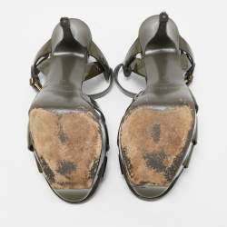 Pre Owned Yves Saint Laurent Olive Green Patent Leather Tribute Sandals Size 36