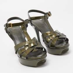 Pre Owned Yves Saint Laurent Olive Green Patent Leather Tribute Sandals Size 36