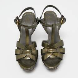 Pre Owned Yves Saint Laurent Olive Green Patent Leather Tribute Sandals Size 36