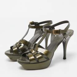 Pre Owned Yves Saint Laurent Olive Green Patent Leather Tribute Sandals Size 36