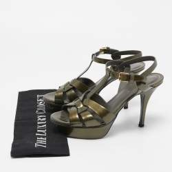 Pre Owned Yves Saint Laurent Olive Green Patent Leather Tribute Sandals Size 36