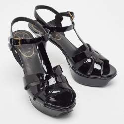 Pre Owned Yves Saint Laurent Black Patent Tribute Ankle Strap Sandals Size 36.5
