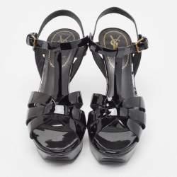 Pre Owned Yves Saint Laurent Black Patent Tribute Ankle Strap Sandals Size 36.5