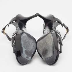 Pre Owned Yves Saint Laurent Black Patent Tribute Ankle Strap Sandals Size 36.5