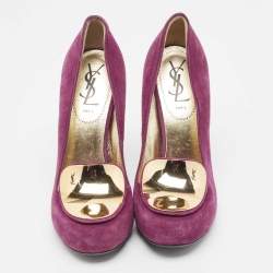 Yves Saint Laurent Purple Suede Plaque Embellished Round Toe Pumps Size 36.5