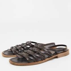 Pre Owned Yves Saint Laurent Brown Leather Strappy Slingback Flat Sandals Size 41