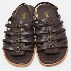 Pre Owned Yves Saint Laurent Brown Leather Strappy Slingback Flat Sandals Size 41