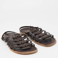 Pre Owned Yves Saint Laurent Brown Leather Strappy Slingback Flat Sandals Size 41