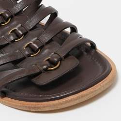 Pre Owned Yves Saint Laurent Brown Leather Strappy Slingback Flat Sandals Size 41