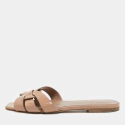 Yves Saint Laurent Beige Patent Leather Tribute  Flat Slides Size 36.5