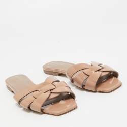 Yves Saint Laurent Beige Patent Leather Tribute  Flat Slides Size 36.5
