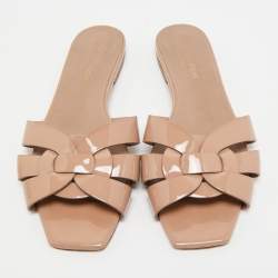 Yves Saint Laurent Beige Patent Leather Tribute  Flat Slides Size 36.5