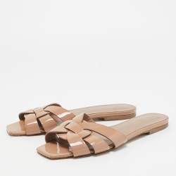 Yves Saint Laurent Beige Patent Leather Tribute  Flat Slides Size 36.5