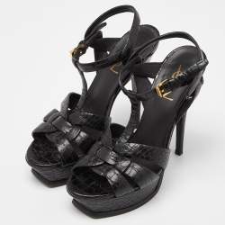 Pre Owned Saint Laurent Black Croc Embossed Leather Tribute Sandals Size 38