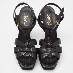 Pre Owned Saint Laurent Black Croc Embossed Leather Tribute Sandals Size 38