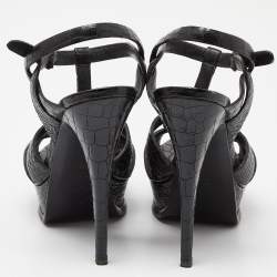 Pre Owned Saint Laurent Black Croc Embossed Leather Tribute Sandals Size 38