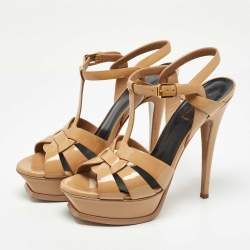 Pre Owned صندل سان لوران تربيوت سويدي أصفر مستردة بحزام للكاحل نعل سميك مقاس 37.5