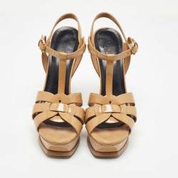 Pre Owned صندل سان لوران تربيوت سويدي أصفر مستردة بحزام للكاحل نعل سميك مقاس 37.5