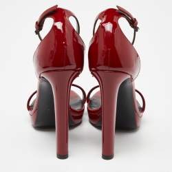 Pre Owned Saint Laurent Red Patent Leather Ankle Strap Sandals Size 36