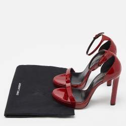 Pre Owned Saint Laurent Red Patent Leather Ankle Strap Sandals Size 36