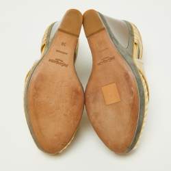 Pre Owned Yves Saint Laurent Gold/Silver Leather Peep Toe Wedge Sandals Size 38