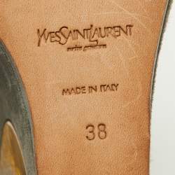 Pre Owned Yves Saint Laurent Gold/Silver Leather Peep Toe Wedge Sandals Size 38