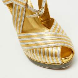 Pre Owned Yves Saint Laurent Gold/Silver Leather Peep Toe Wedge Sandals Size 38