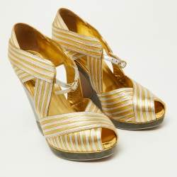 Pre Owned Yves Saint Laurent Gold/Silver Leather Peep Toe Wedge Sandals Size 38