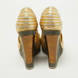 Pre Owned Yves Saint Laurent Gold/Silver Leather Peep Toe Wedge Sandals Size 38