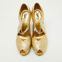 Pre Owned Yves Saint Laurent Gold/Silver Leather Peep Toe Wedge Sandals Size 38