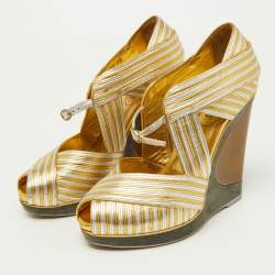 Pre Owned Yves Saint Laurent Gold/Silver Leather Peep Toe Wedge Sandals Size 38