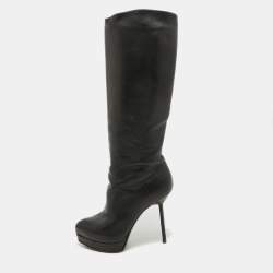 Yves Saint Laurent Black Leather Platform Knee Length Boots Size 36
